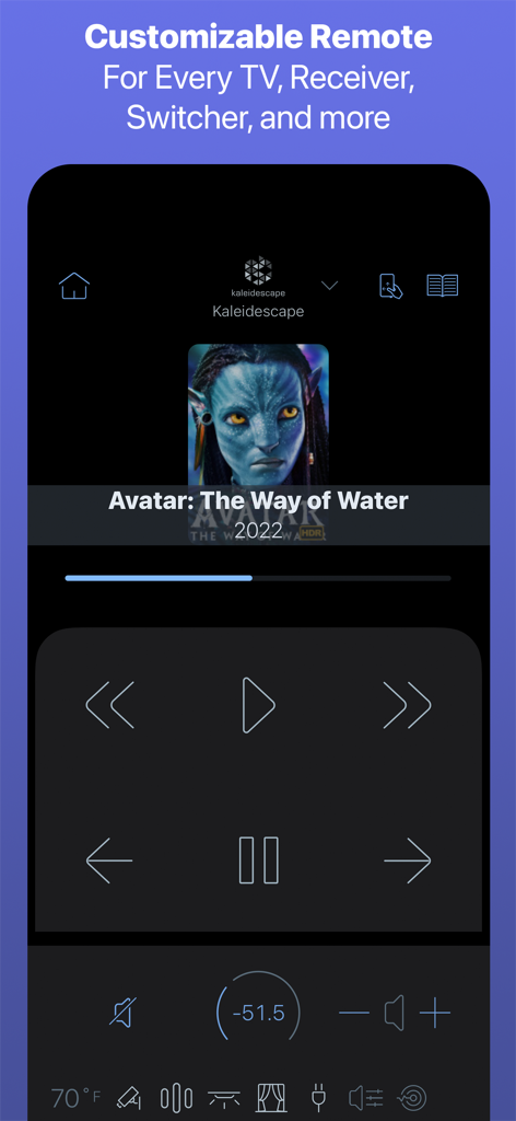 Roomie app showing media playback controls for a home theater system and integrated smart home settings on an iPhone