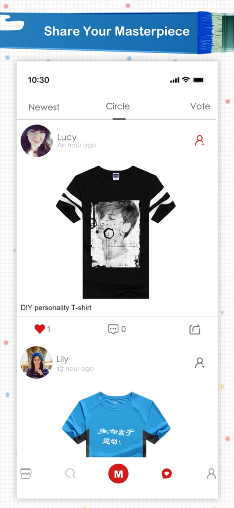 Super T-Shirt Designer - Mobile app screen showing a social community feed where users share and vote on custom t-shirt designs.