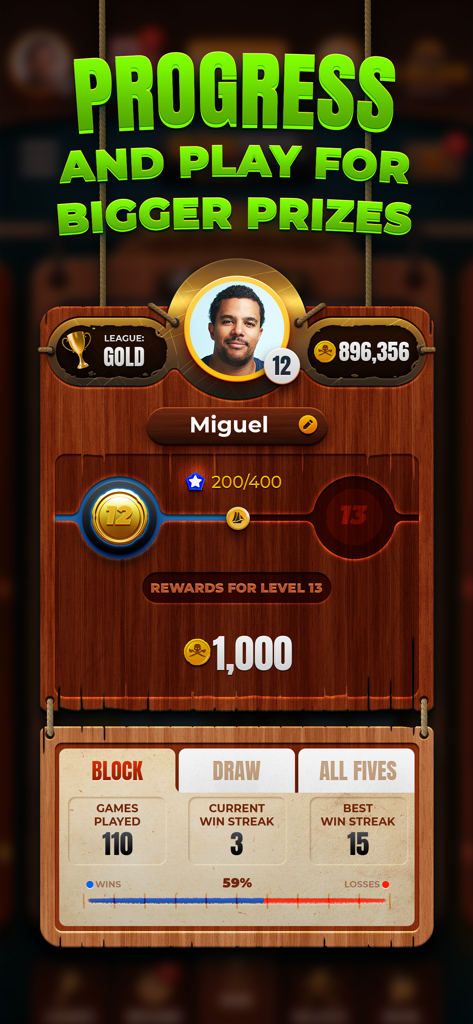 Domino Duel - Online Dominoes - Écran de profil de joueur Domino Duel montrant la progression du niveau, le statut de la ligue d'or et les statistiques de victoires pour le mode de jeu Block.