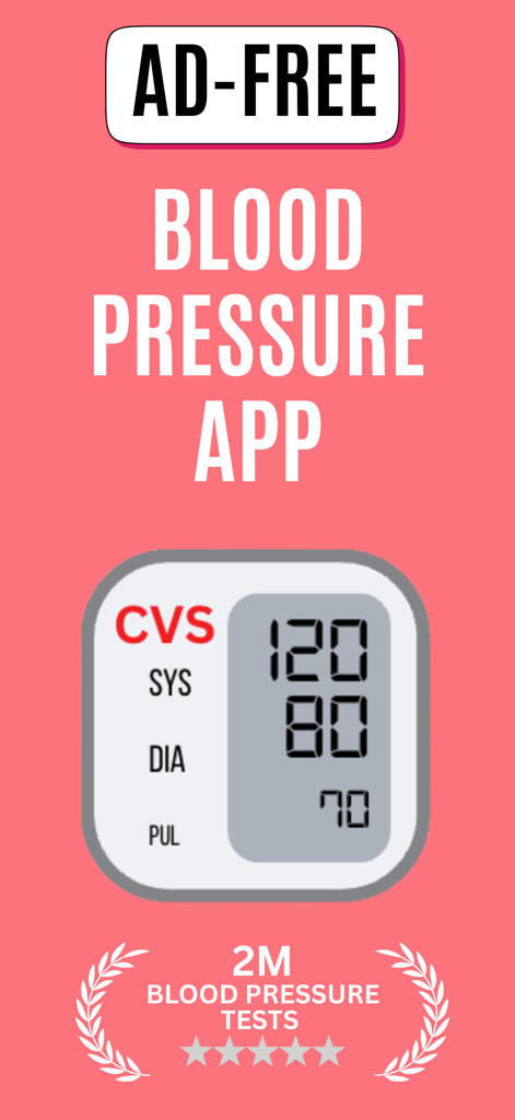 Blood pressure app Free of-ads - An ad-free blood pressure app interface displaying a digital monitor reading of 120 over 80 and mentioning 2 million tests.