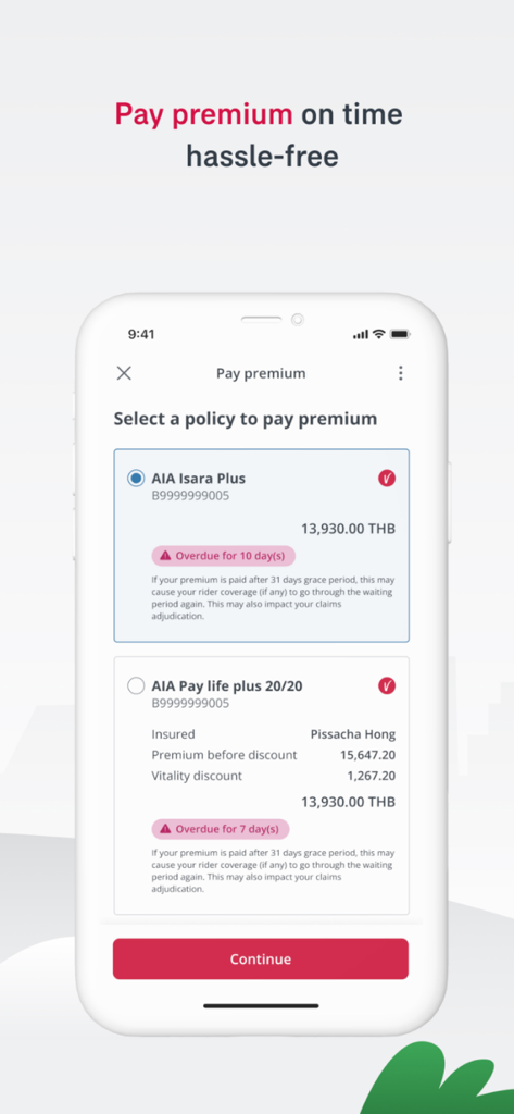 A mobile app screen for AIA Plus Thailand showing insurance policy payment options with overdue status notifications.