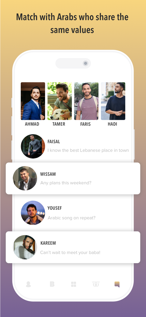 baklava: Arab Relationships - Oberfläche der Baklava-App, die Profile arabischer Männer anzeigt, die nach bedeutungsvollen Verbindungen suchen.