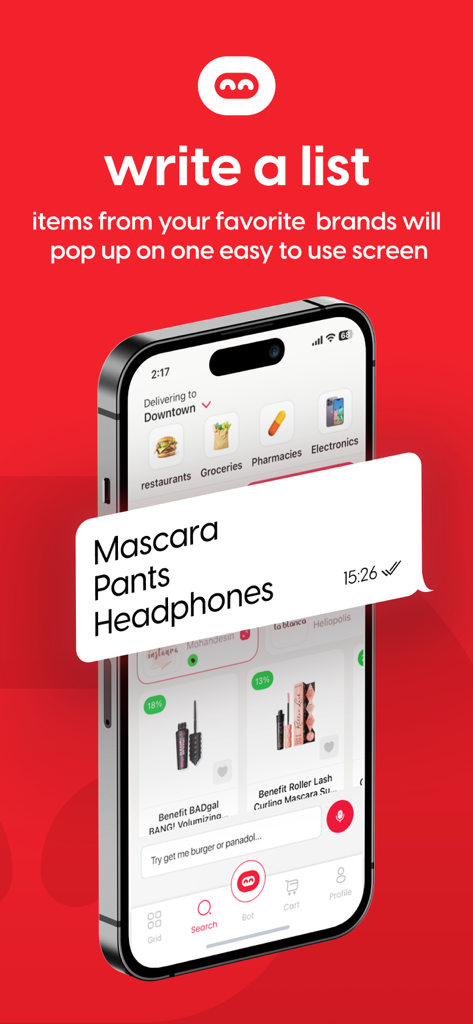 Botit - Mobile interface of the Botit app showing a feature to write a shopping list for diverse categories like beauty and electronics on one screen.