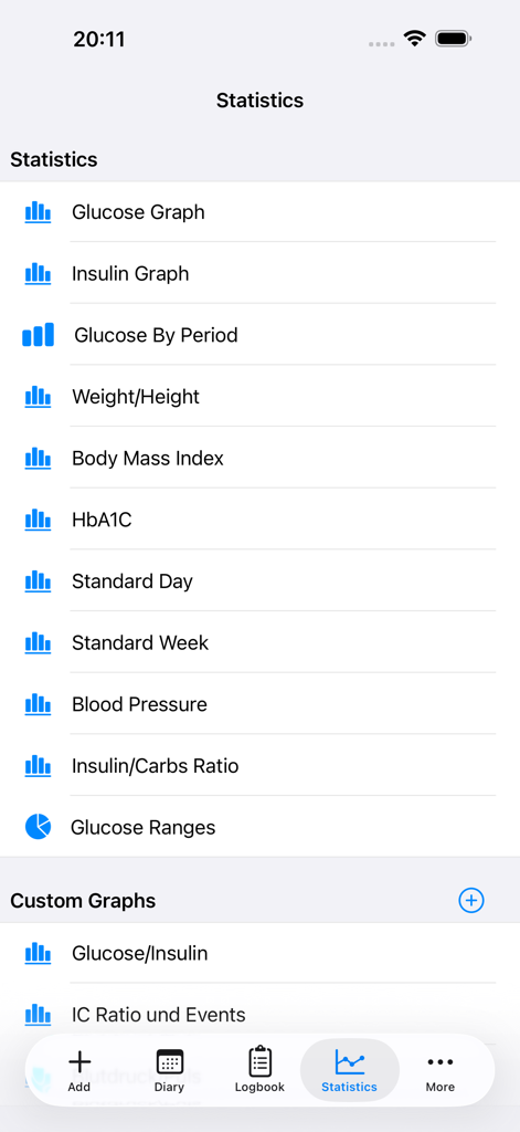 Menu de estatísticas do aplicativo DiabetesPal mostrando opções para gráficos de glicose, rastreamento de insulina e tendências de saúde.