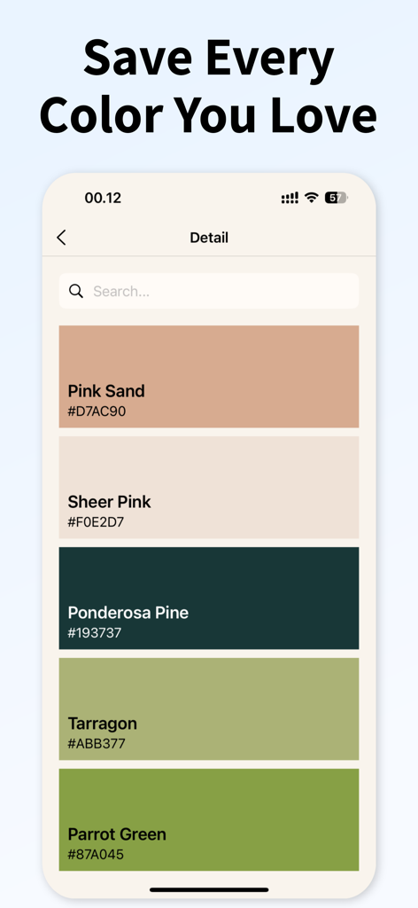 Color Finder ™ - Interface do aplicativo Color Finder exibindo uma biblioteca de cores salvas com nomes e códigos HEX