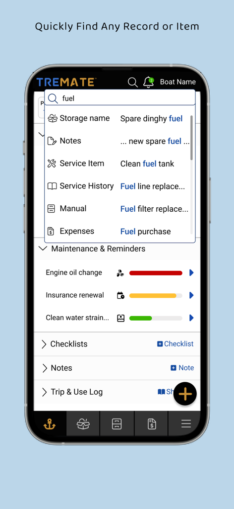 TreMate - Aplicación móvil TreMate que muestra una búsqueda de registros de combustible y barras de estado de mantenimiento del barco