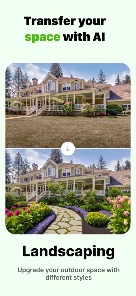 AI Kitchen Design - KitAI - AIデザインツールを使用した家の外観のランドスケープデザインの、変更前と変更後の比較