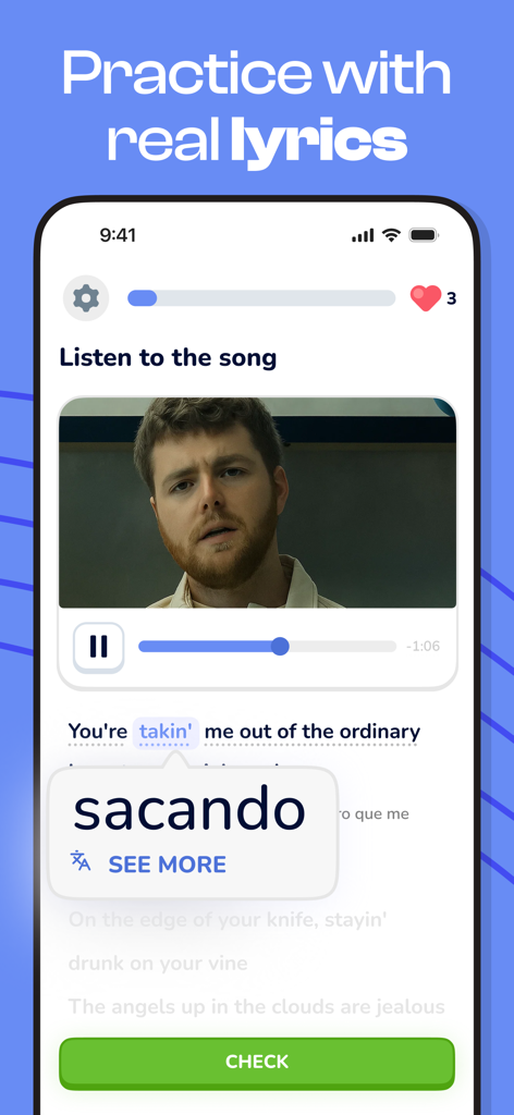 Singit: Learn English & Music - 동기화된 영어 가사와 선택된 단어에 대한 스페인어 번역 팝업이 있는 뮤직 비디오를 보여주는 모바일 앱 화면