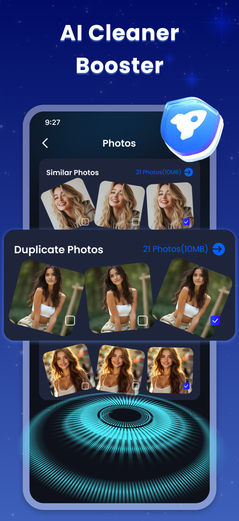 AI Super Cleaner app interface showing how it identifies similar and duplicate photos to free up phone storage space
