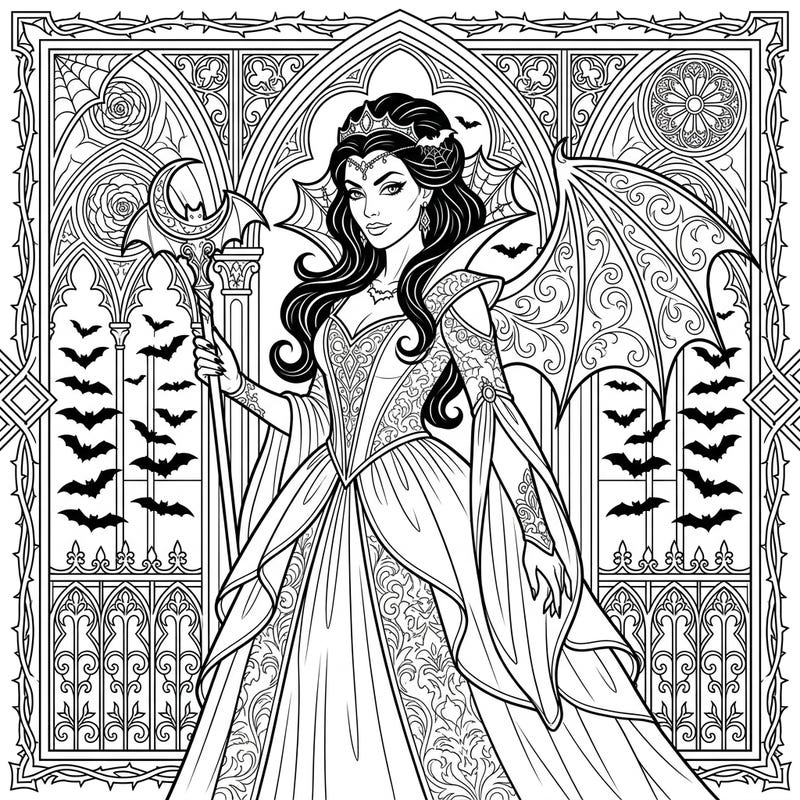 Step into a world of gothic allure with this exquisite vampire queen coloring page. Perfect for those who love fantasy and intricate designs, this template invites you to bring a powerful enchantress to vivid life.