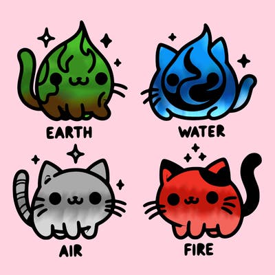 4 cats that represent the different elements, earth, water, air, and fire