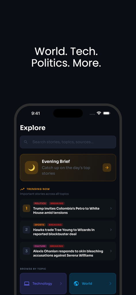 Briefly: News in Seconds - The Explore screen of the Briefly news app showing trending headlines, evening briefs, and topic categories in dark mode.