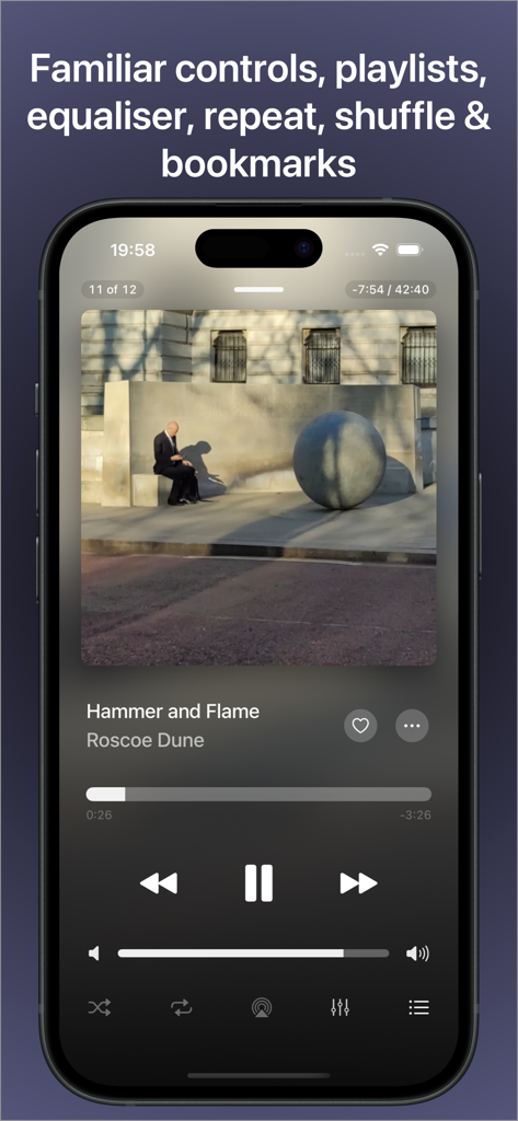 Interfaz del reproductor de música AVSub en iPhone mostrando controles de reproducción y carátula del álbum