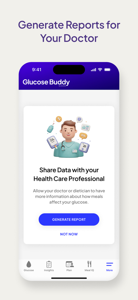 Interface of Glucose Buddy app showing the generate reports for doctor feature.