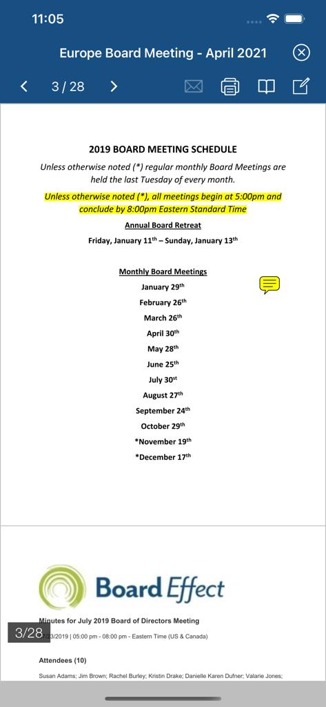 Aplicación BoardEffect que muestra un calendario de reuniones de junta con resaltados y anotaciones de notas adhesivas