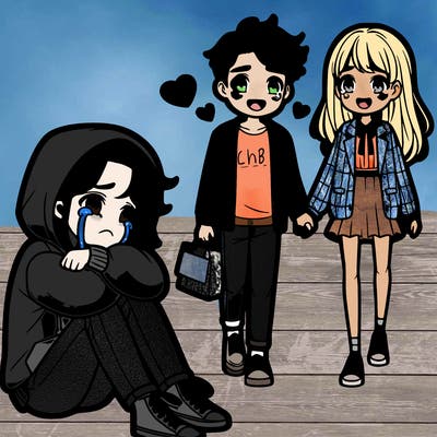 a teenage girl in a hoodie crying on the floor watching a handsome boy and preppy girl walking away holding hands + smiling