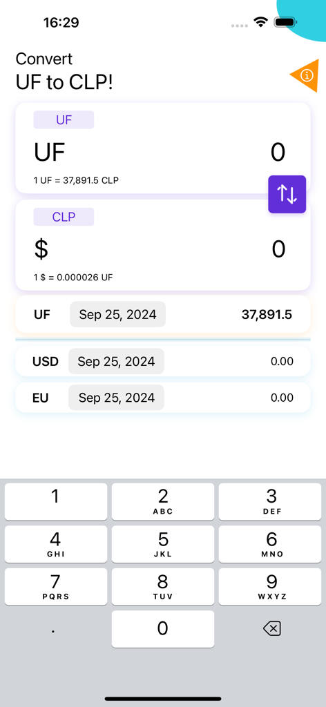 UF CLP - Mobile app interface for UF to CLP currency conversion.