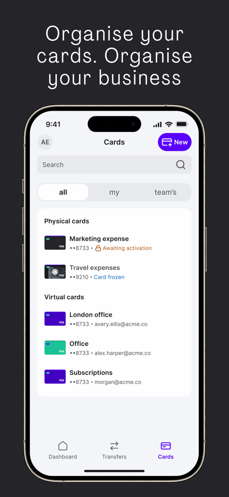 Wamo app interface showing the management of physical and virtual business debit cards for team expenses