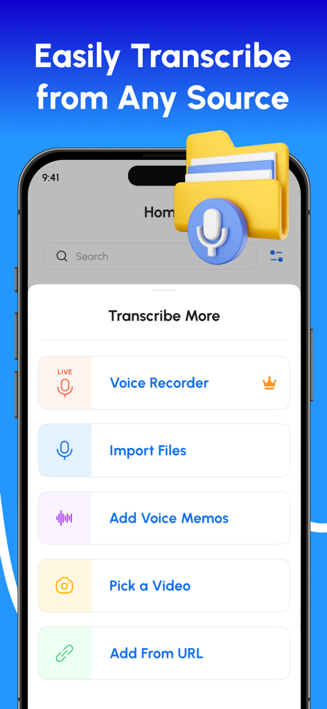 Speech to Text – Voice Typing - Mobile app screen showing various transcription options including voice recorder, file import, and URL links.