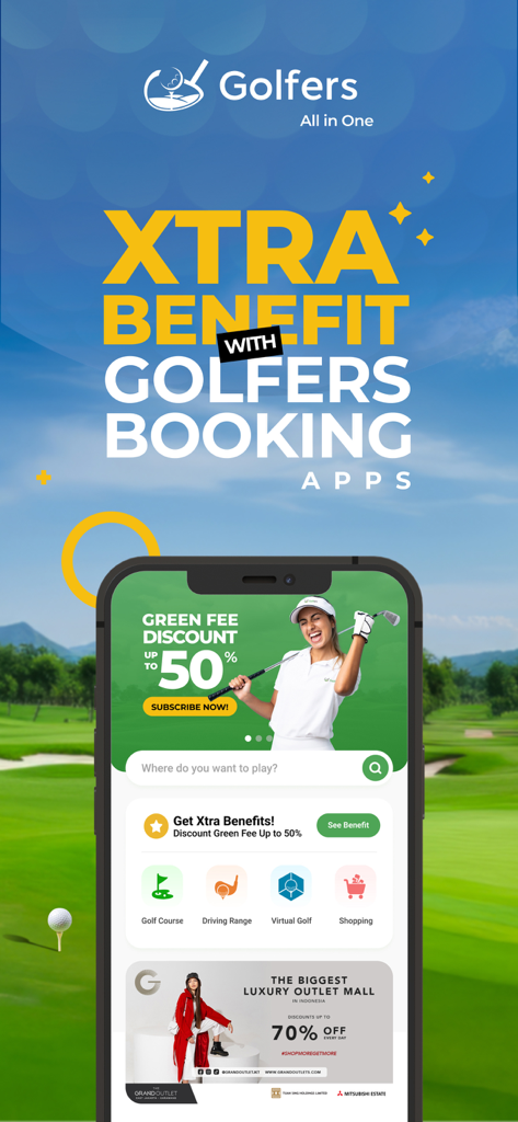 Golfers Booking app interface showing a 50 percent green fee discount offer and search features for golf courses in Indonesia.