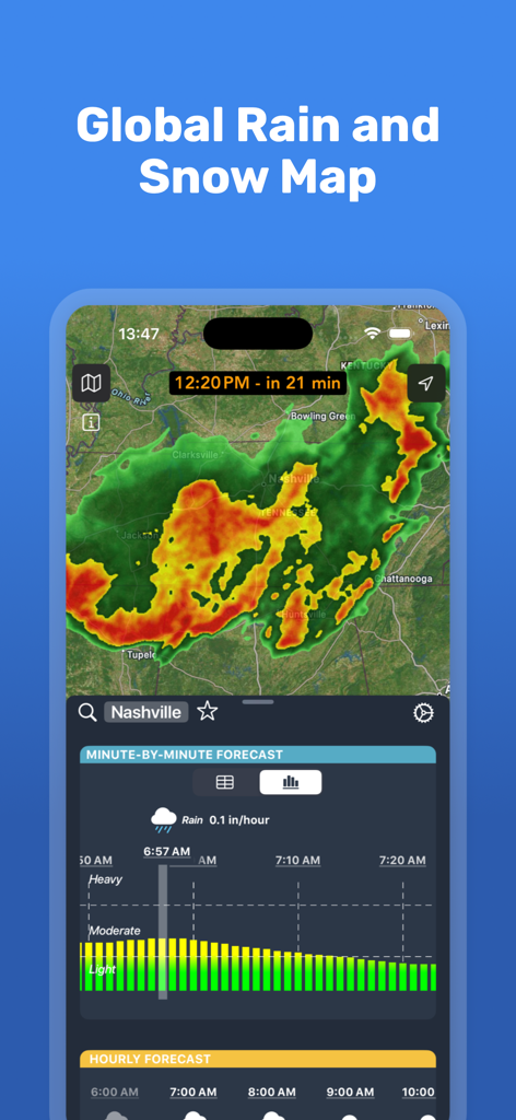 RainAlert: Rain Radar & Alerts - Interfaz de la aplicación RainAlert que muestra un mapa de radar de precipitación en vivo y un gráfico de pronóstico de lluvia minuto a minuto