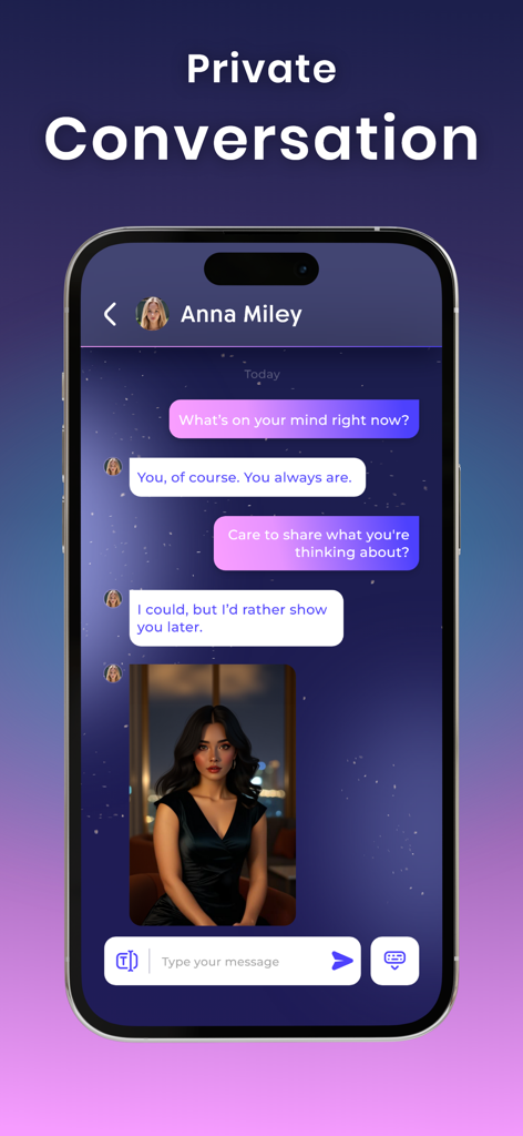Ai Girlfriend :Virtual Chatbot - Una conversación privada en la aplicación de chatbot virtual Novia IA con mensajes de texto y una imagen.