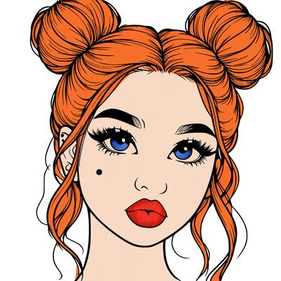 realistic girl with two buns on her hair and lips