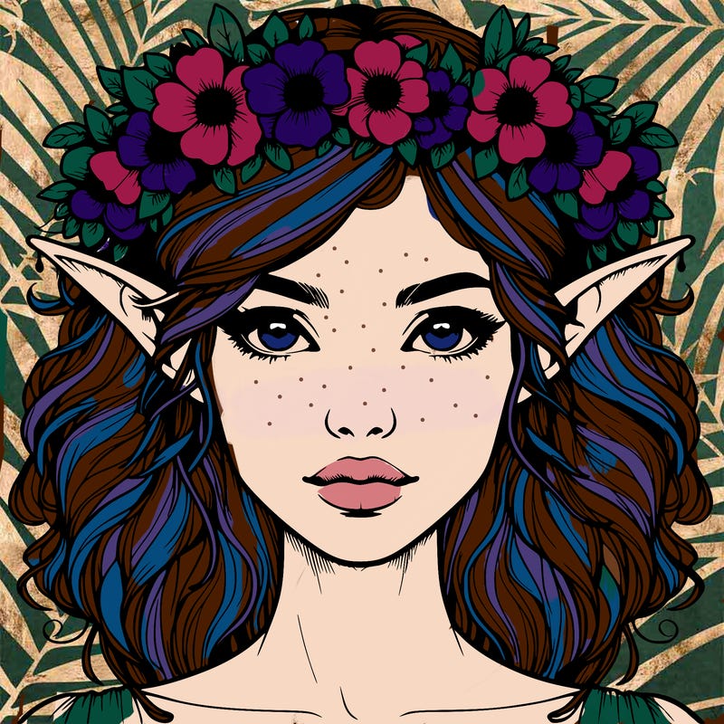 realistic female elf with flower crown