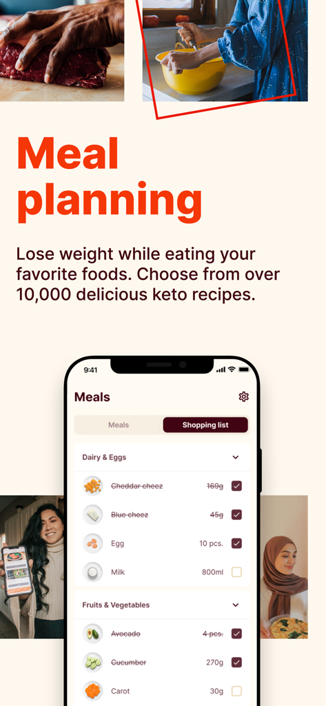 Keto Cycle app interface showing a digital grocery shopping list for keto meal planning