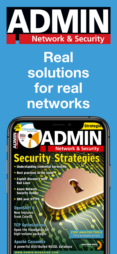 ADMIN Magazine - ADMIN Magazine mobile app interface showing a security strategies issue for network administrators