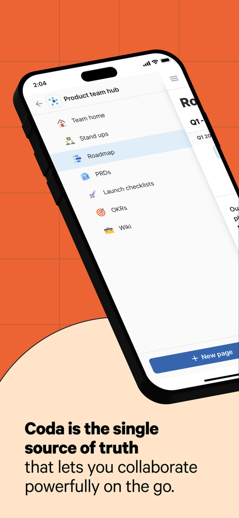 Coda - Coda mobile app interface displaying a product team hub navigation menu with roadmap and OKRs.