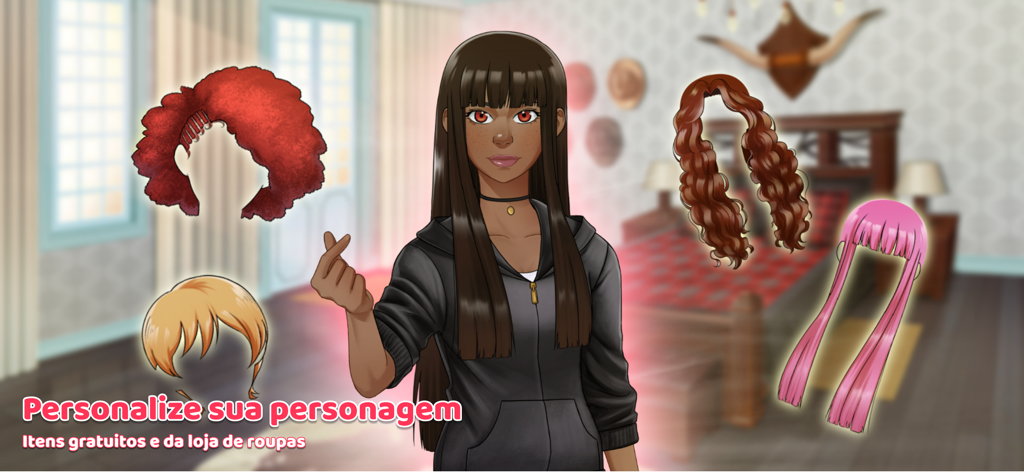 Entre Laços e Amassos - Character customization screen showing different hair style options