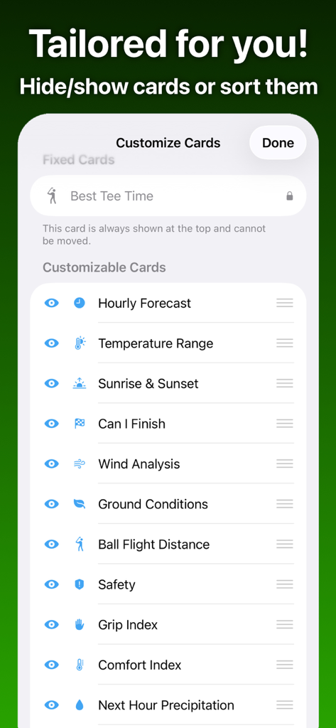 Golf Weather – Weather4Golf - Interface showing customizable weather data cards for golfers including wind analysis ground conditions and ball flight distance