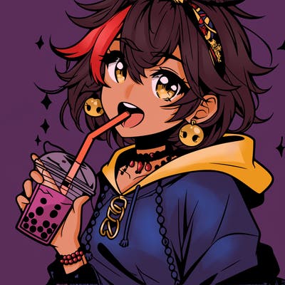 hot baddie anime girl drinking boba and biting the straw