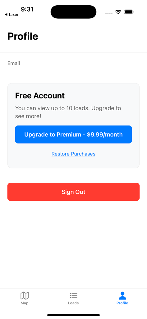 Freight Finder - Freight Finder App Benutzerprofil-Bildschirm zeigt einen kostenlosen Kontostatus und eine Premium-Upgrade-Schaltfläche für 9,99 pro Monat