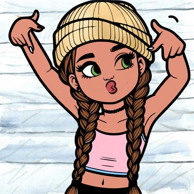 realistic teenage girl with braids and a beanie and crop top doing 🫶🏼
