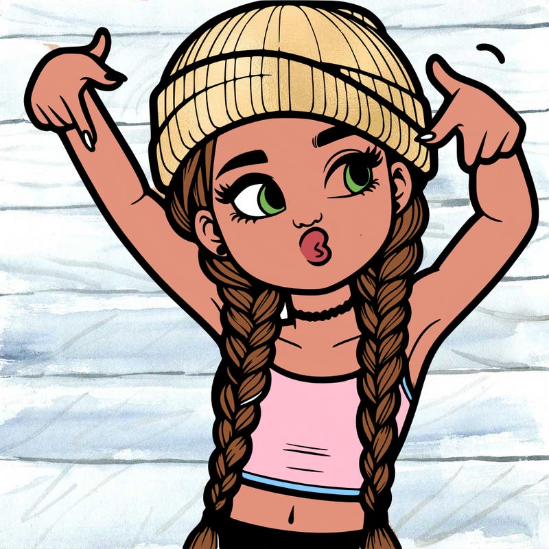 realistic teenage girl with braids and a beanie and crop top doing 🫶🏼