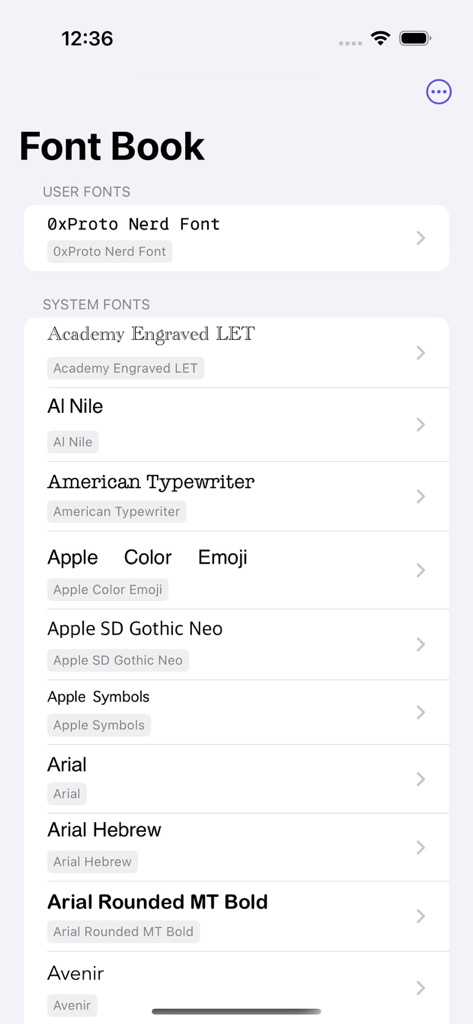 Font Book app interface displaying a list of installed system and user fonts on an iPhone