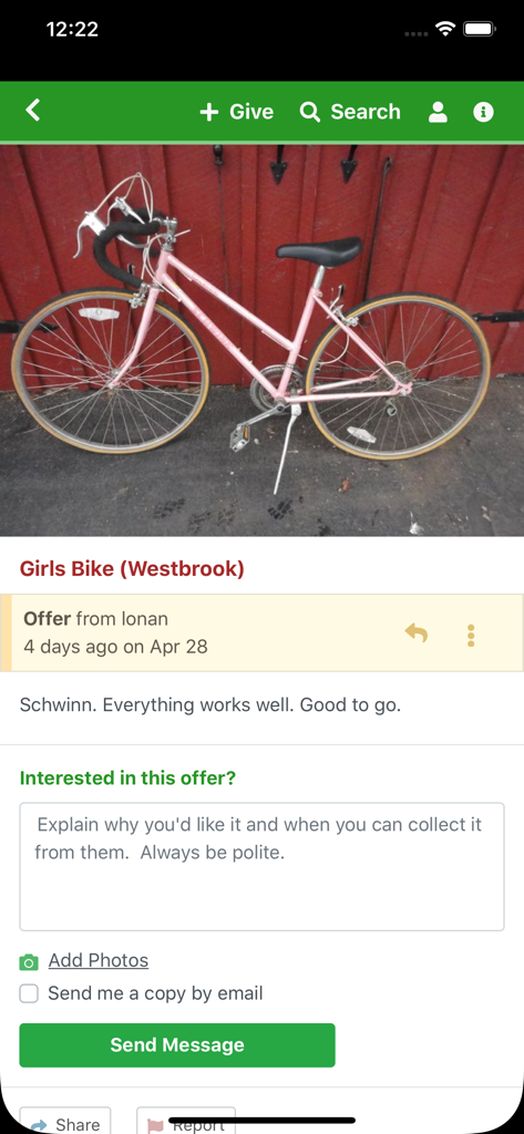 Trash Nothing + Freecycle - A pink girls bicycle listed as a free offer on the Trash Nothing mobile app