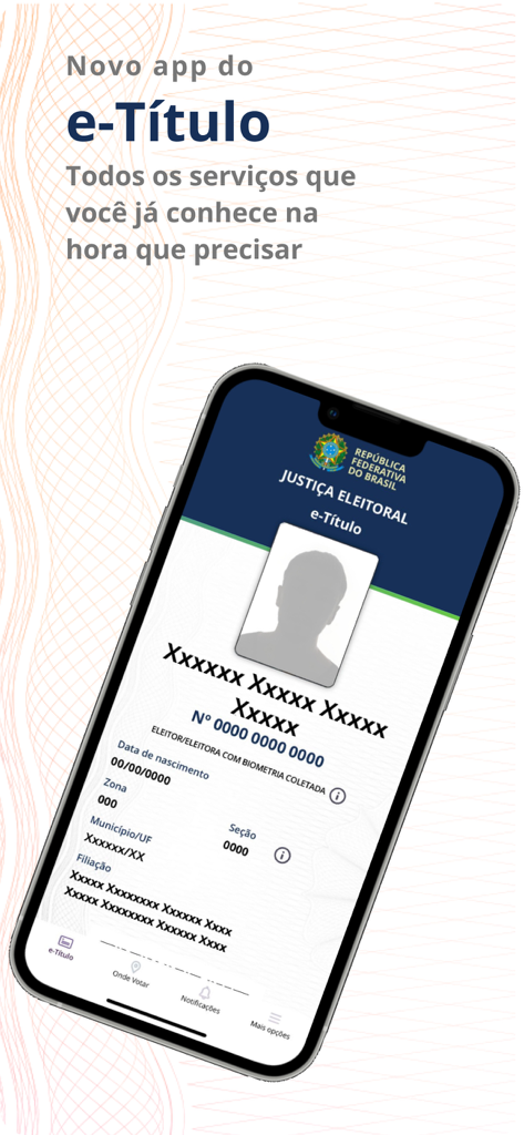 Smartphone screen showing the e-Titulo digital voter registration card with a placeholder profile and electoral information.