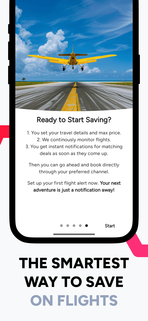 Tela de integração do aplicativo Alertas de Passagens Aéreas explicando os três passos para rastrear e economizar em preços de voos com um avião amarelo decolando ao fundo.