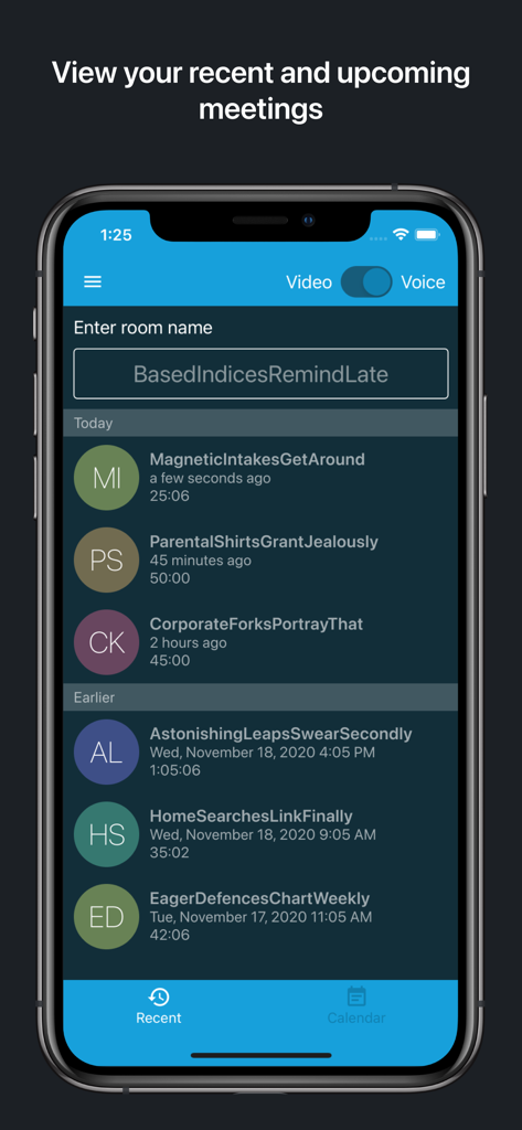 Pantalla de la aplicación Jitsi Meet que muestra una lista de videollamadas recientes y próximas.