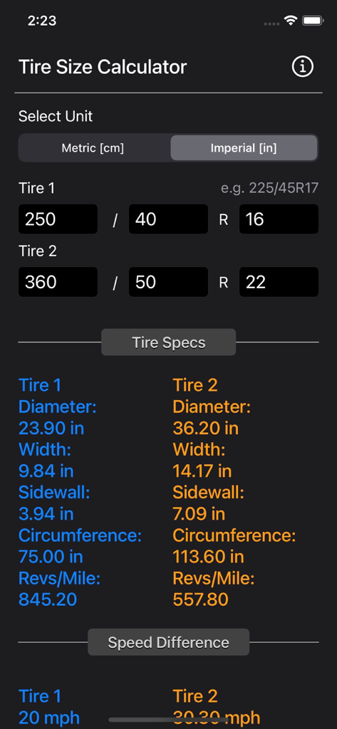 Interface de l'application Tire Size Calculator Plus comparant les différences de diamètre, de largeur et de vitesse entre deux pneus