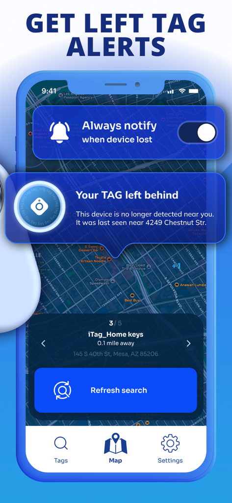 Air Tracker app interface showing a notification for a lost tag with a map view and real time location tracking