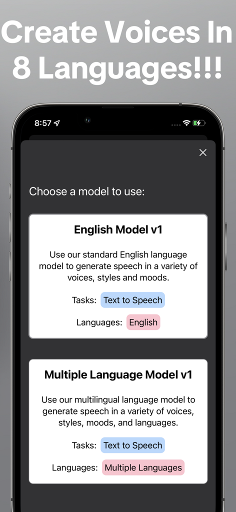 Leven AI Voice Generator Text - Interfaz de la aplicación Leven AI que muestra la selección de modelos de voz en inglés y en varios idiomas.
