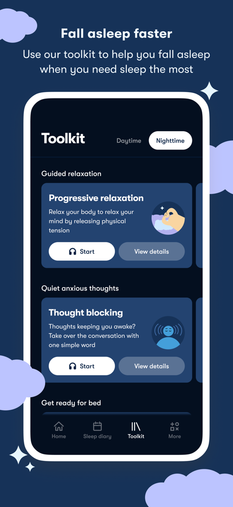 Sleepio 3.0 - Sleepio app screen showing nighttime toolkit with progressive relaxation and thought blocking options