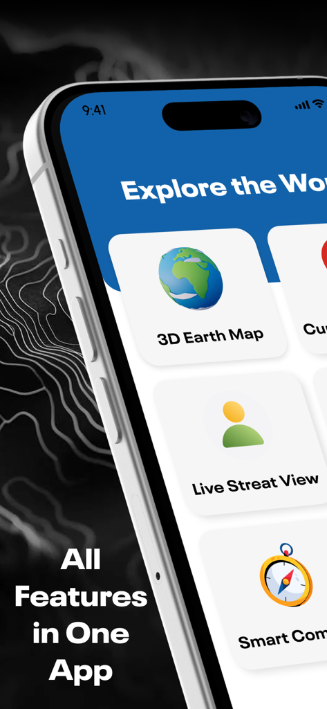 Instant Google Street View Map - Earth3Dアプリのインターフェース。3D地球マップやライブストリートビューなどのナビゲーション機能を表示しています。