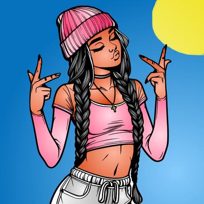 realistic teenage girl with braids and a beanie and crop top doing 🫶🏼