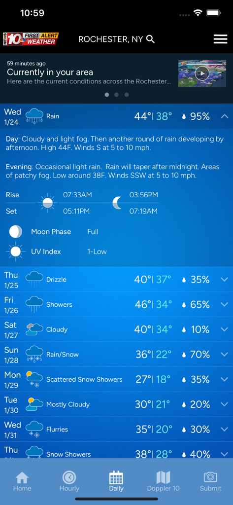 WHEC First Alert Weather daily forecast for Rochester New York showing high and low temperatures for the week