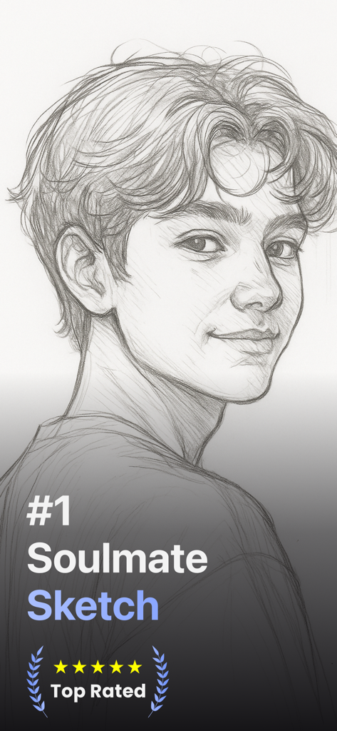 Soulmate Art: AI Drawing - Un retrato realista a lápiz de un hombre joven titulado Soulmate Sketch con una insignia de máxima calificación